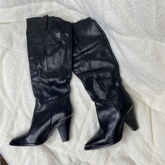 Free People Black Leather Knee High Stevie Boots Heeled Pointed‎ Toe Western 39 - Picture 5 of 9